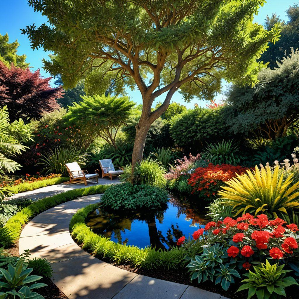 A serene landscape showcasing a healthy, flourishing tree in the center, surrounded by a diverse range of native plants and flowers. Include a professional assessing tree health with a clipboard and tools, demonstrating eco-friendly landscaping techniques. Soft sunlight filters through the foliage, casting dappled shadows on the ground. The background features a well-maintained garden with colorful plants and a small water feature. super-realistic. vibrant colors. natural surroundings.