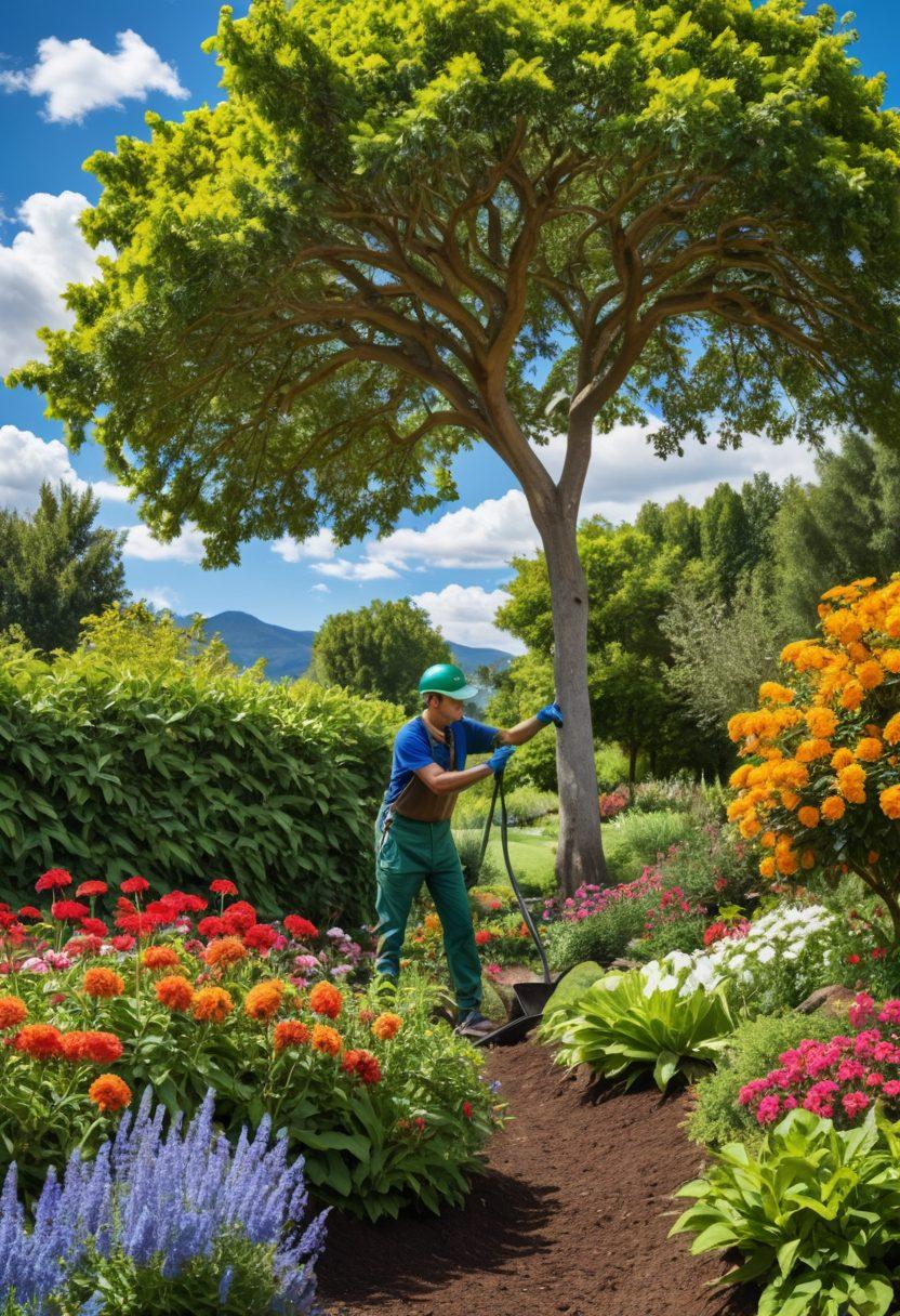 A lush green landscape featuring a variety of healthy trees and colorful plants, with an expert arborist carefully pruning a large tree. Include vibrant flowers and sustainable gardening tools like compost and mulch around a serene garden bed. The background should have a blue sky and distant hills to highlight a thriving ecosystem. super-realistic. vibrant colors. eco-friendly theme.