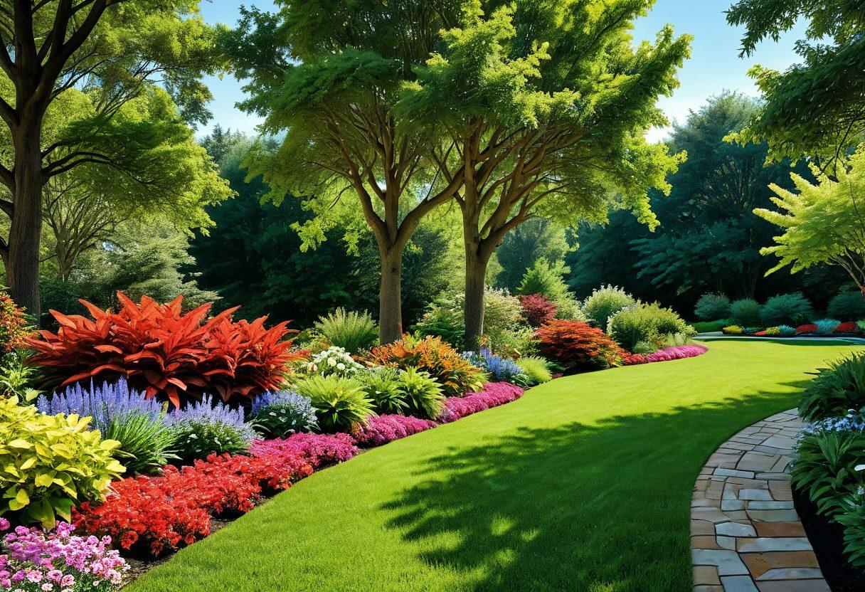 A lush, vibrant landscape showcasing healthy trees with expert arborists in action, planting and pruning under a clear blue sky. Incorporate sustainable elements like compost bins and eco-friendly tools, surrounded by colorful flowers and green grass. The scene should convey a sense of harmony between nature and expert care. super-realistic. vibrant colors. nature background.